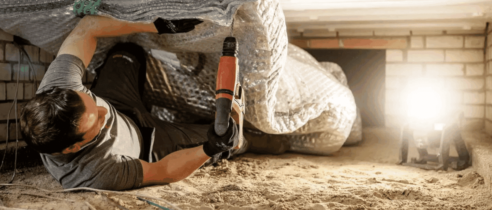 Specialist installing floor insulation in a crawl space