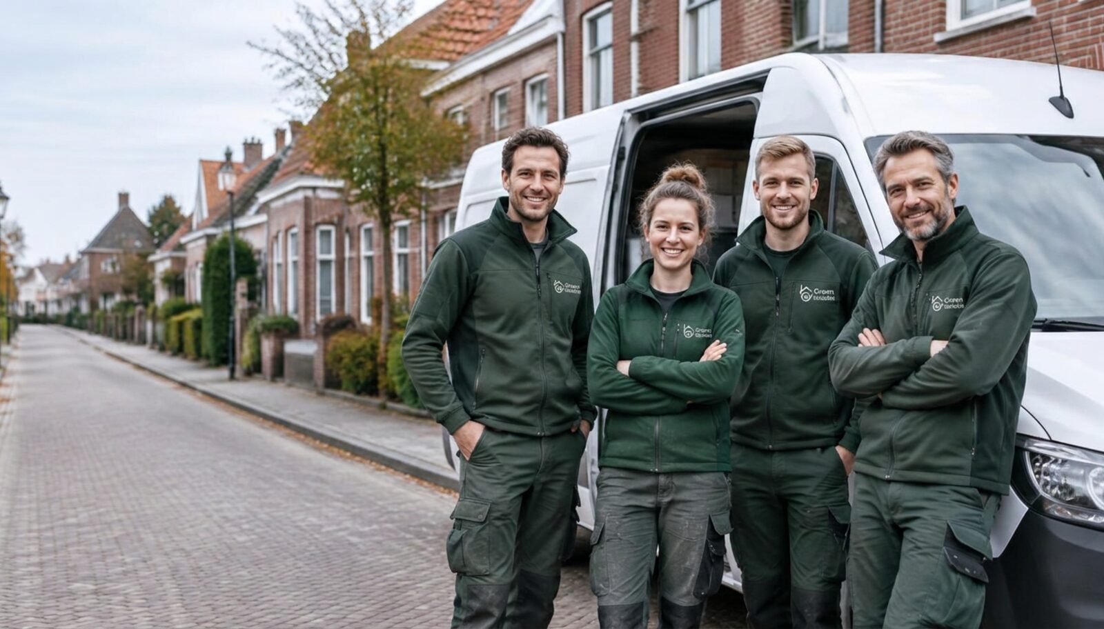 The Greenisolatie team beside the company van on a residential street in the Netherlands