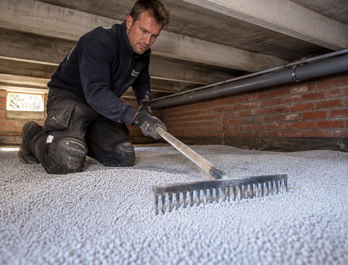 Installer raking EPS beads evenly across the crawl space floor