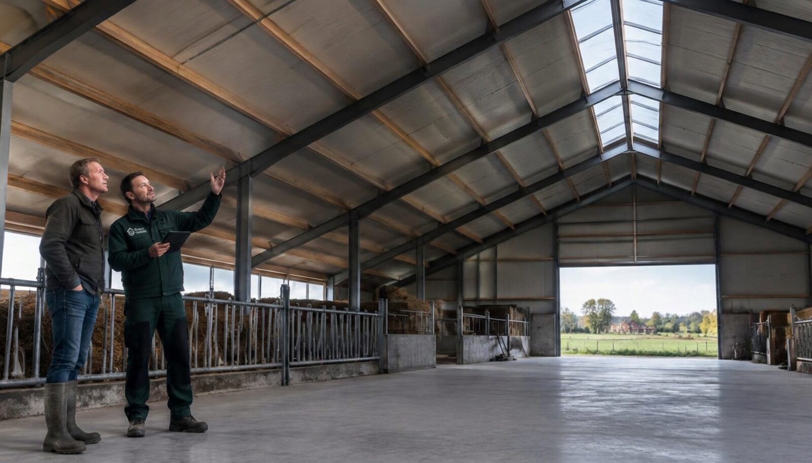 A farmer and an insulation specialist inspect the roof of a livestock building