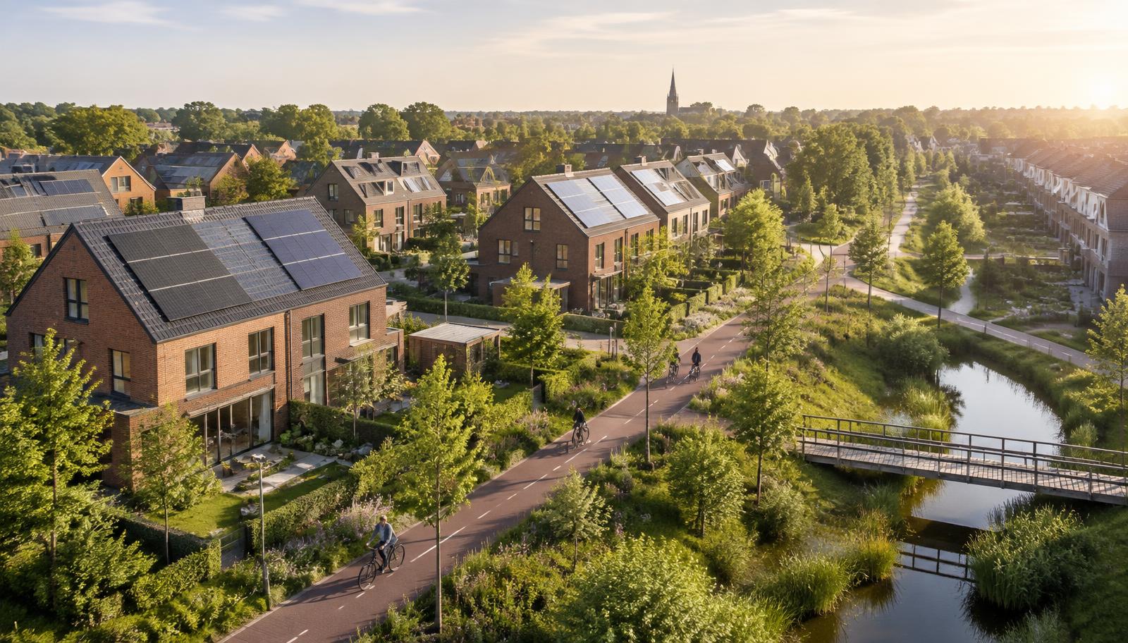 Green Dutch residential neighbourhood with solar panels, trees and cycle paths