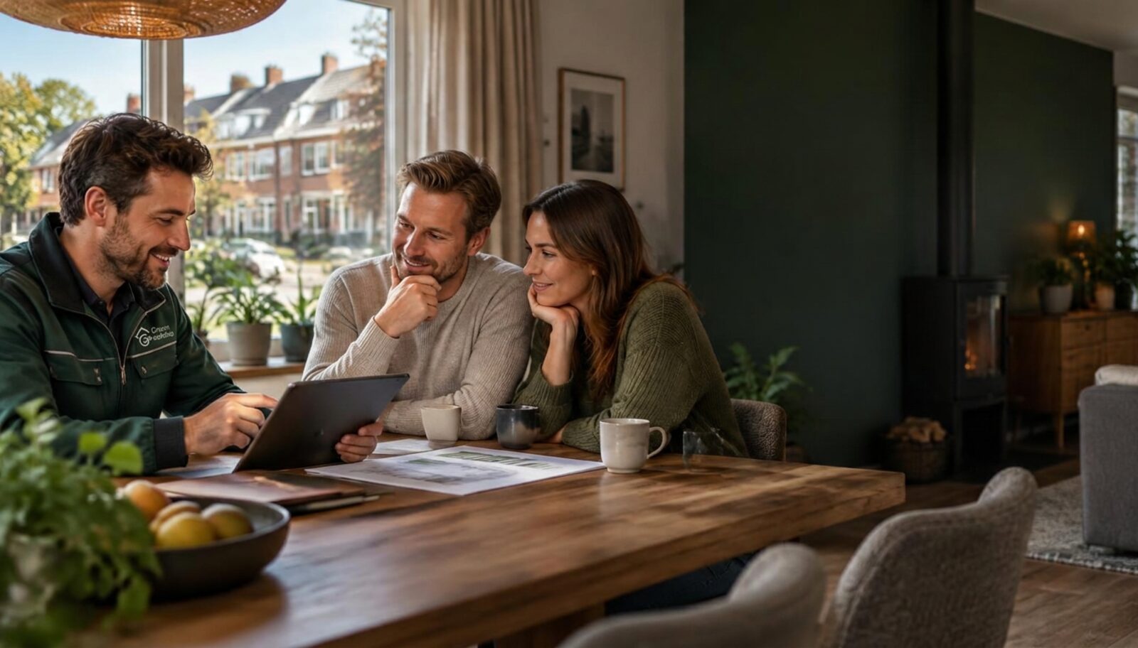Greenisolatie-adviseur bespreekt maandelijkse financiering voor woningisolatie met bewoners