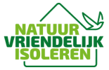 Natuurvriendelijk isoleren logo met groen huis en vogel – duurzaam isolatieconcept